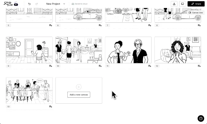 Walkthrough video of StoryTribe features, showcasing how users can add objects to the canvas and change their characters’ expressions.